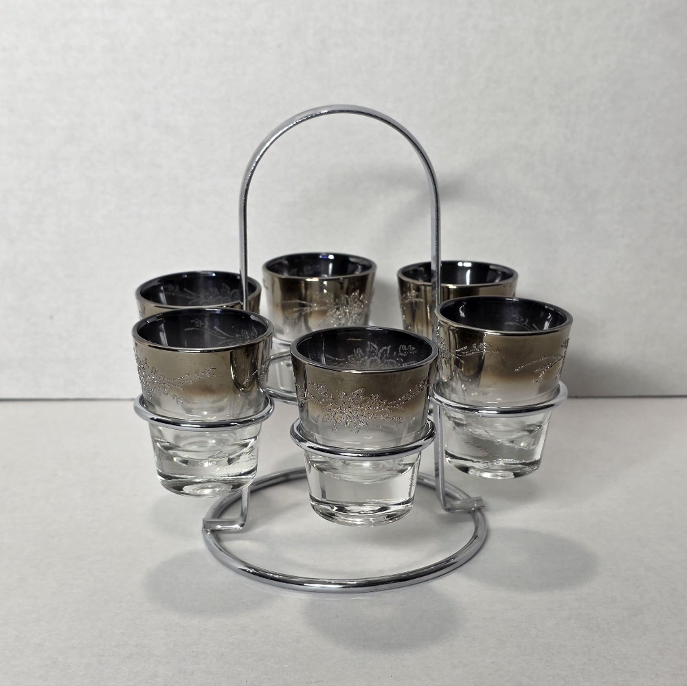 Vintage 1970's Black Ombre / Silver Crome Caddy With 6 Shot Glasses